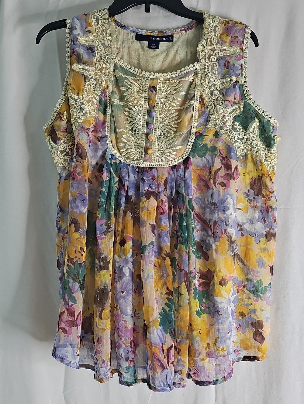 Denim&Co Yellow Multi Floral Lace Yoke Sleeveless Top